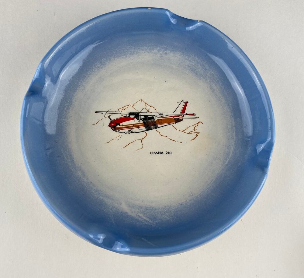 Vintage Cessna 210 Cigar Ashtray Ceramic Blue Aviation Pilot Airplane Decor